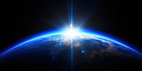 Blue Earth Sunlight in Space. Global Perspective. Generative AI illustrations