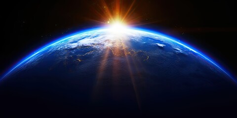 Blue Earth Sunlight in Space. Global Perspective. Generative AI illustrations