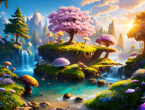 Majestic fairytale tree with luminiscent mushrooms growing around made with Generative AI