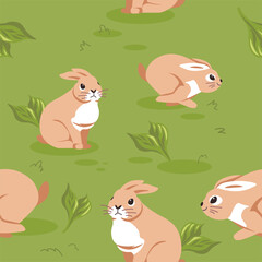 Field with sitting and leaping bunnies and rabbits