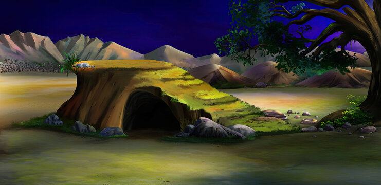 Cave in the rock in the African savannah at night