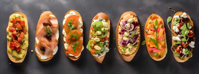 Assorted bruschetta showcased from above, ideal for banner designs and advertisements