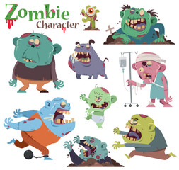 A spooky and humorous cartoon-style illustration featuring a variety of zombie characters in different forms and personalities.