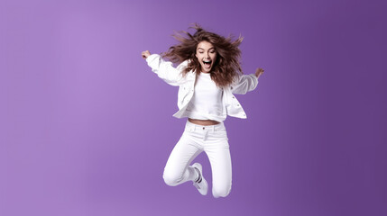 cheerful positive woman jumping on violet background, Generative AI