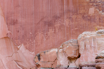 Petroglyph Panels in Capitol Reef National Park near Fruita, Utah during spring. Selective focus,...