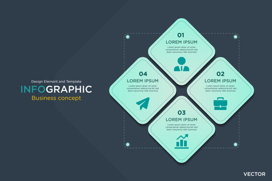 Infographic Business Concept. Rectangular Text Box 4 Step Design Element And Template On Background Navy Dark Mode. In Vector