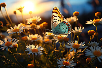 Butterfly and flowers in the Sunset, Generative AI