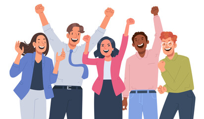 Happy business team rejoices, colleagues raised their hands up and rejoice in success and achievements - 616610658