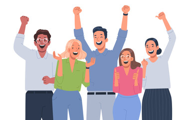 Happy business team celebrating victory. Colleagues rejoice in success and achievements. The concept of successful teamwork - 616610660
