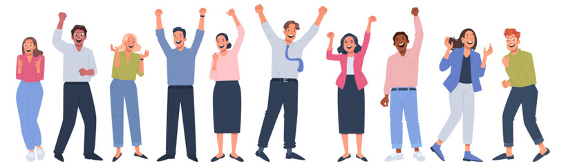 Set of happy business people celebrating victory or success. The concept of joy. Men and women are excited - 616610665
