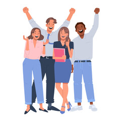 Happy business team celebrates success, rejoices in triumph and victory