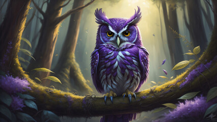 purple owl sitting on tree branch in forest