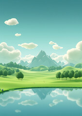 Beautiful view of mountain village, 3d rural landscape background,