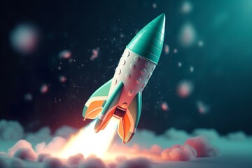 Naklejka na ściany i meble 3d ,cartoon, rocket, flying through space, hand