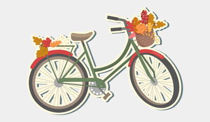 Fototapeta premium Retro bicycle sticker with autumn leaves in floral basket and leaves on trunk. Sticker color bike.