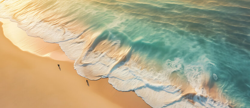 Two People Are Walking Along The Beach Toward A Surfboard In The Ocean Generated By AI