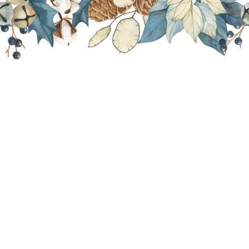 Watercolor Christmas vintage floral illustration with blue berries, poinsettia pine cones lunaria holy. Seamless boder Botanical watercolor illustration invitation design