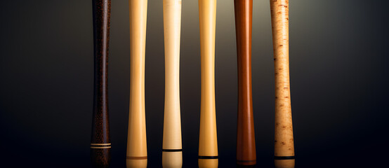 a row of different wooden baseball bats lined up Generated by AI