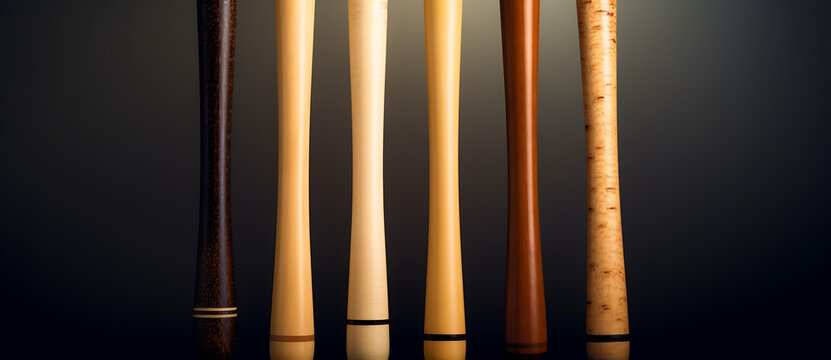 A Row Of Different Wooden Baseball Bats Lined Up Generated By AI