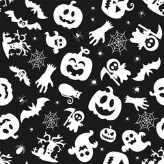 Halloween  festive seamless pattern. Endless background with pumpkins, bats, spiders, ghosts, bones, candies and spider web