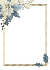 Watercolor Christmas vintage floral frame with blue berries, poinsettia pine cones lunaria holy. Botanical watercolor illustration invitation design