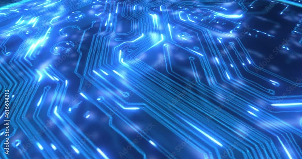 Fototapete Microchip, circuit and light for futuristic data in stream, innovation and 3d system process in information technology. Digital transformation, cloud computing and cybersecurity by black background
