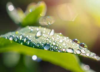 Beautiful water drops sparkle in sun on leaf in sunlight, macro. Big droplet of morning dew outdoor, beautiful round bokeh. Amazing artistic image of purity of nature. Ai Generative