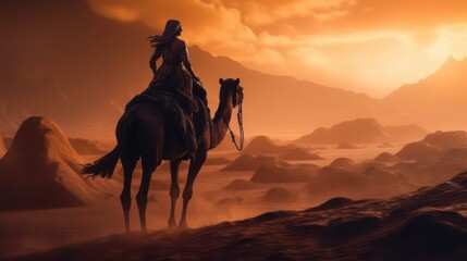 A women muslim riding camel in a desert