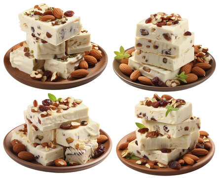 nougat made from sugar, honey and different types of roasted nuts on a transparent background, Generative AI