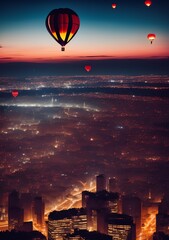 Hot Air Balloon Floating over Night City, Generative AI Illustration