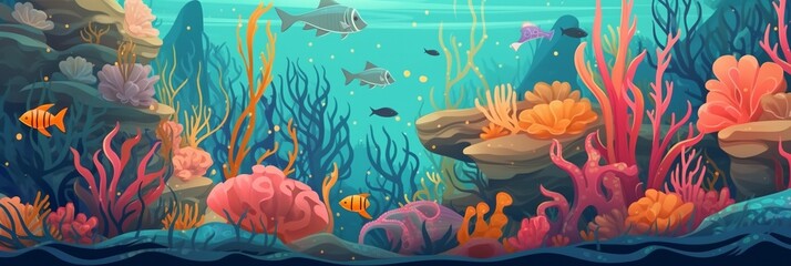 Fototapeta na wymiar Underwater cartoon flat background with fish silhouette, seaweed, coral. Ocean sea life, cute design.Generative ai
