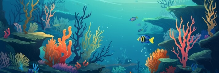 Fototapeta na wymiar Underwater cartoon flat background with fish silhouette, seaweed, coral. Ocean sea life, cute design.Generative ai