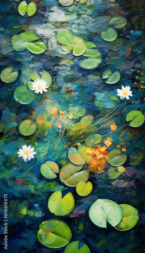 Wall mural water lilies, lotus in the pond, Pointillism style illustration, generative ai, digital illustration.