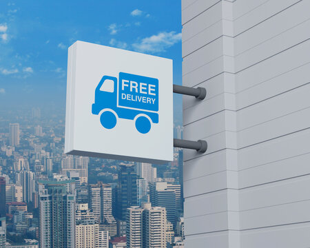 Free delivery truck icon on hanging white square signboard over modern city tower, office building and skyscraper, Business transportation service concept, 3D rendering