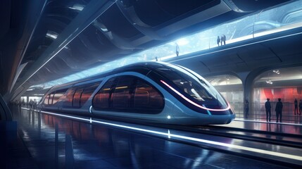 Fototapeta na wymiar Futuristic high-speed express passenger train. Logistics of the future, modern technologies.