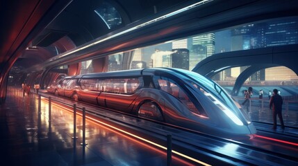Futuristic high-speed express passenger train. Logistics of the future, modern technologies.