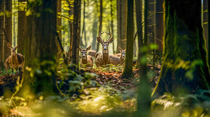 group of deers full body standing in the wood at daylight - obrazy, fototapety, plakaty