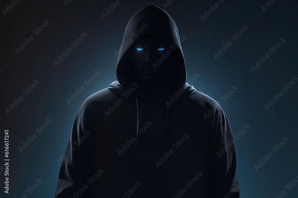 Poster mysterious man wearing black hoodie using laptop in the dark room. hacker and cyber security concept