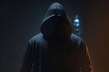 Mysterious man wearing black hoodie using laptop in the dark room. Hacker and cyber security concept, ai generative