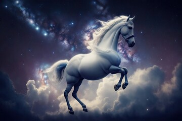 Naklejka na ściany i meble Horse on sky Stars trails background, ai generative