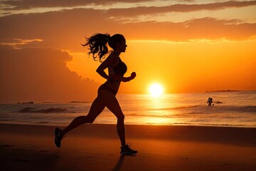 Fototapeta na wymiar young fitness woman runner running on sunrise beach, ai generative