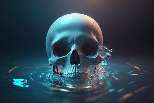art work human skull in water background, ai generative