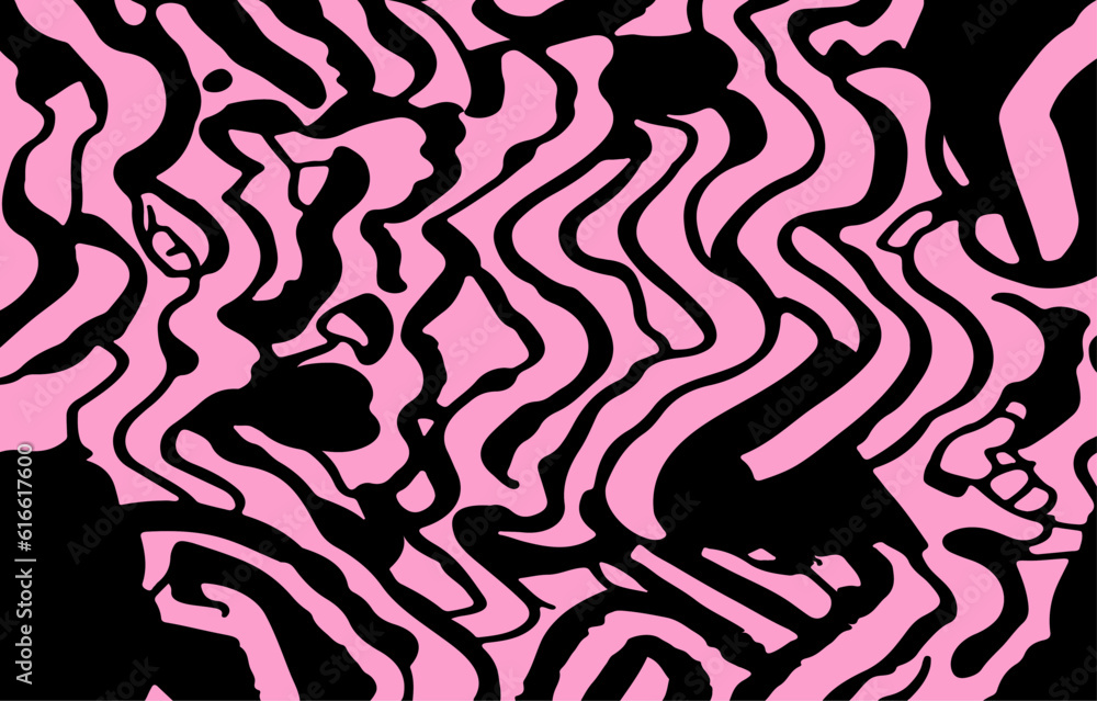 Aufkleber Acid psychedelic black and pink print with abstract melting blobs and lines in retro hippie style.