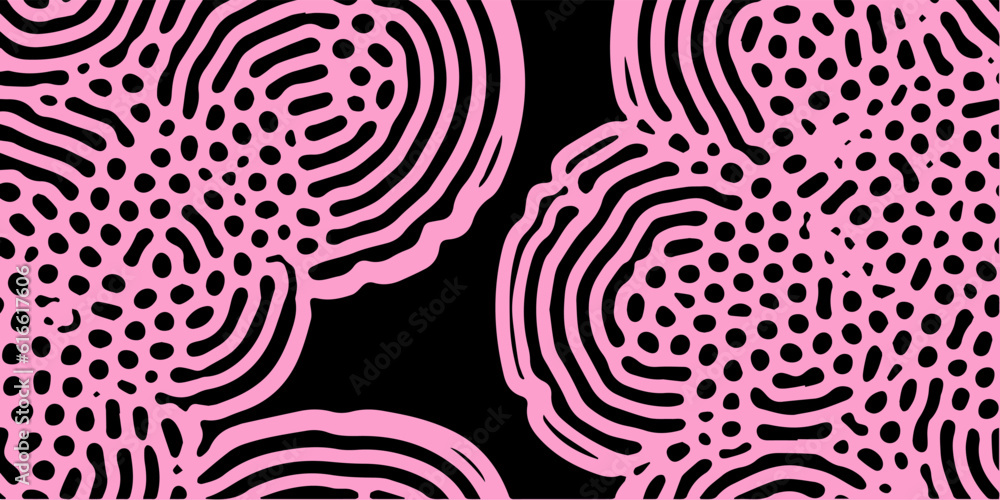 Leinwandbilder Acid psychedelic black and pink print with abstract melting blobs and lines in retro hippie style.