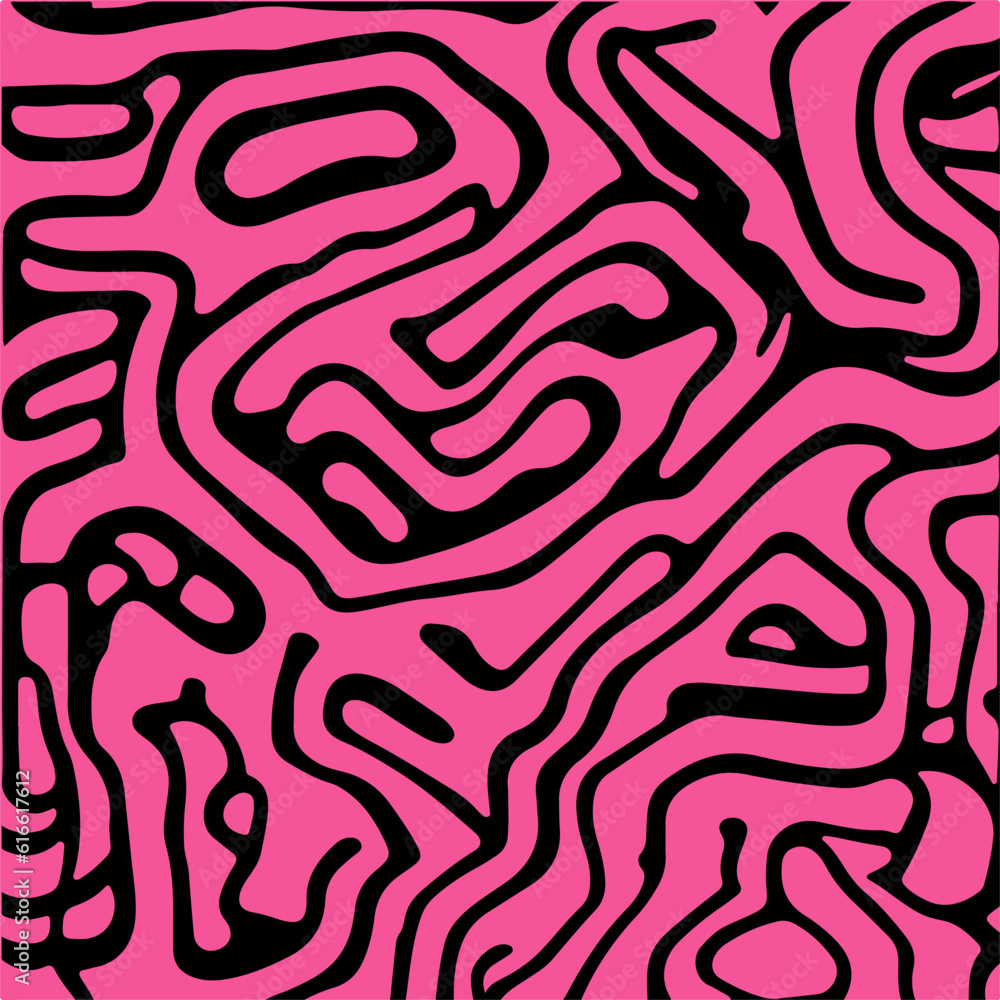 Aufkleber Acid psychedelic black and pink print with abstract melting blobs and lines in retro hippie style.