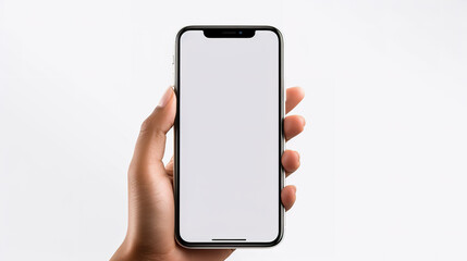Mockup cellphone held by female's hand. White screen on mobile phone isolated on white background. Digital illustration generative AI.