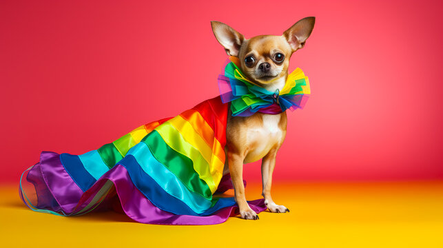 Cool looking chihuahua dog wearing rainbow dress isolated on colorful background. LGBTQ , pride, gay, lesbian concept. Digital illustration generative AI.
