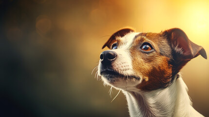 Closeup Jack Russell Terrier dog face looking up to the left side isolate on blurred background with copyspace for text. Digital illustration generative AI.