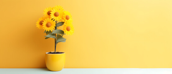 a yellow vase holds large sunflowers against a yellow background Generated by AI