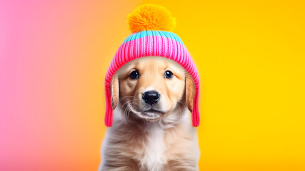 Cute Golden Retriever puppy wearing Pom Pom Toque isolated on gradient color background. Digital illustration generative AI.